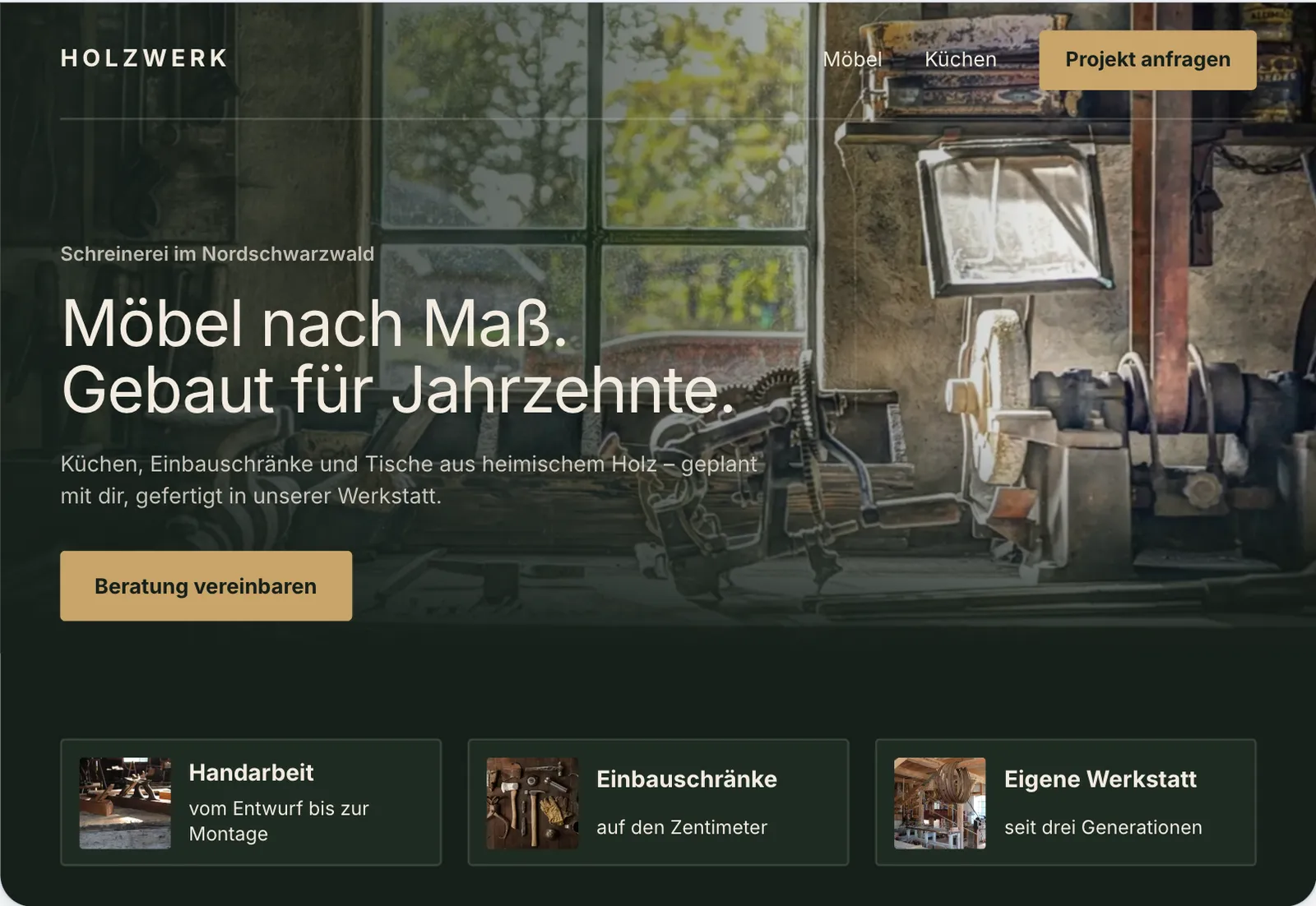 Beispiel-Website einer Schreinerei mit Werkstattfoto und Leistungen