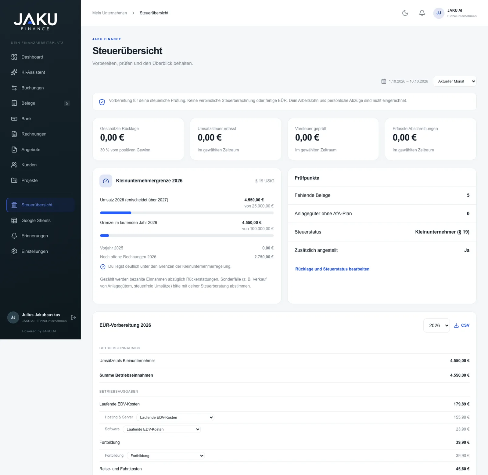 JAKU Finance: Steuerübersicht mit Kleinunternehmergrenze und EÜR-Vorbereitung (Beispieldaten)