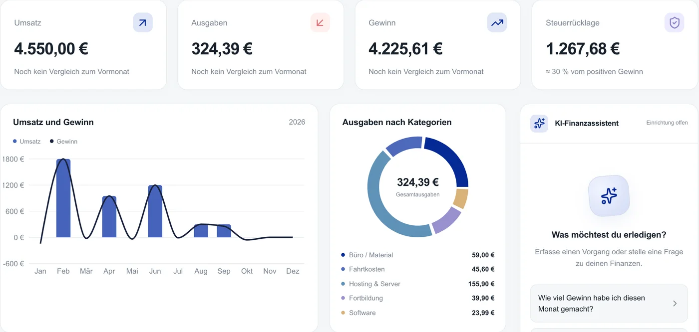 JAKU Finance: Umsatz, Ausgaben, Gewinn und Steuerrücklage auf einen Blick (Beispieldaten)