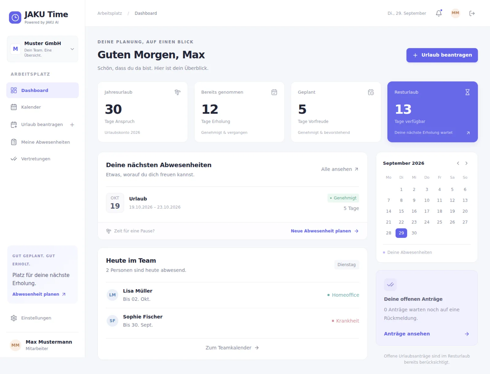 JAKU Time: Dashboard mit Urlaubsstand, nächsten Abwesenheiten und Team (Beispieldaten)